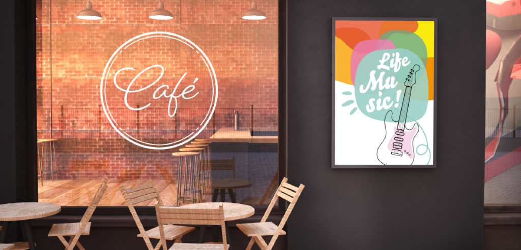 コラボレーションカフェのイメージ画像。ポスターやキャラクターなどが壁にある。